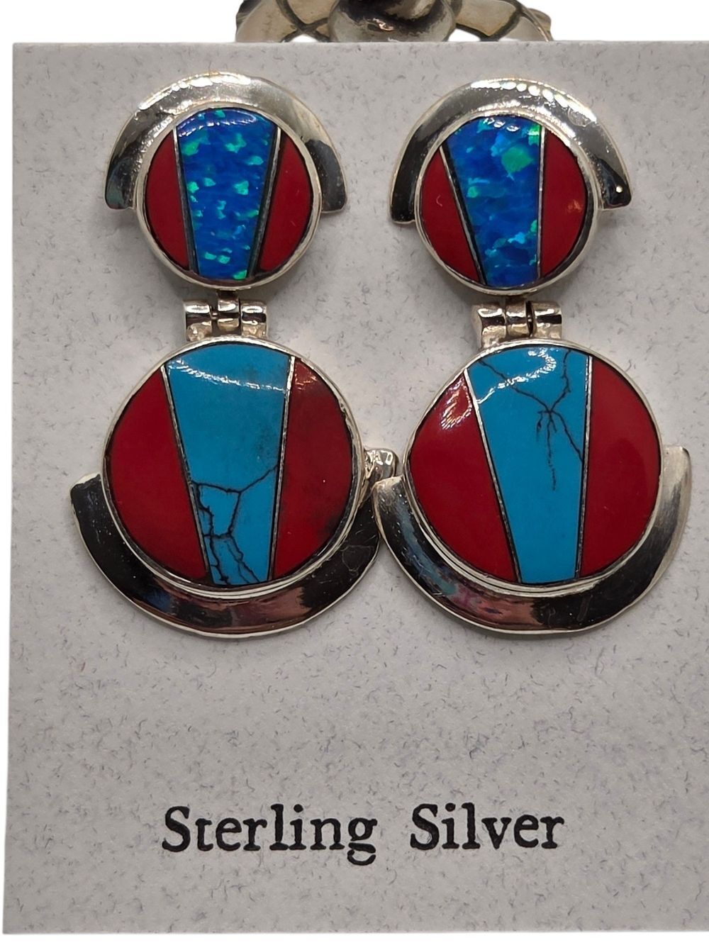 Sterling Silver Red Coral Turquoise Inlay Dangle Earrings Native Style